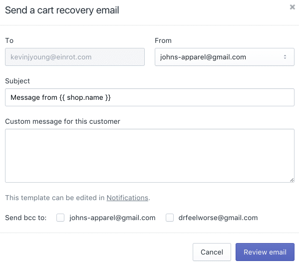 Abandoned cart recovery emails in Shopify.