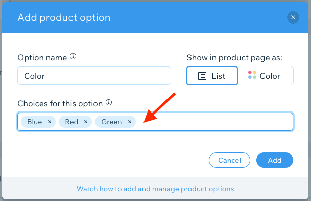 Adding product options in Wix