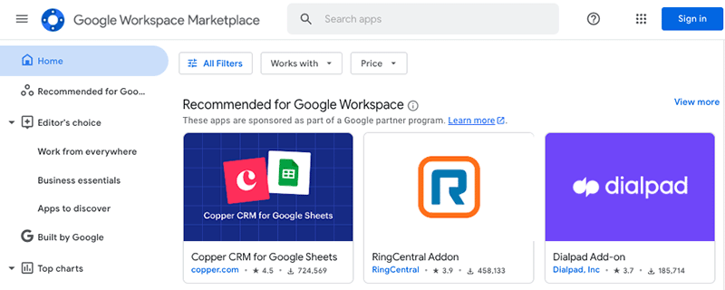 Some apps in Google Workspace Marketplace.