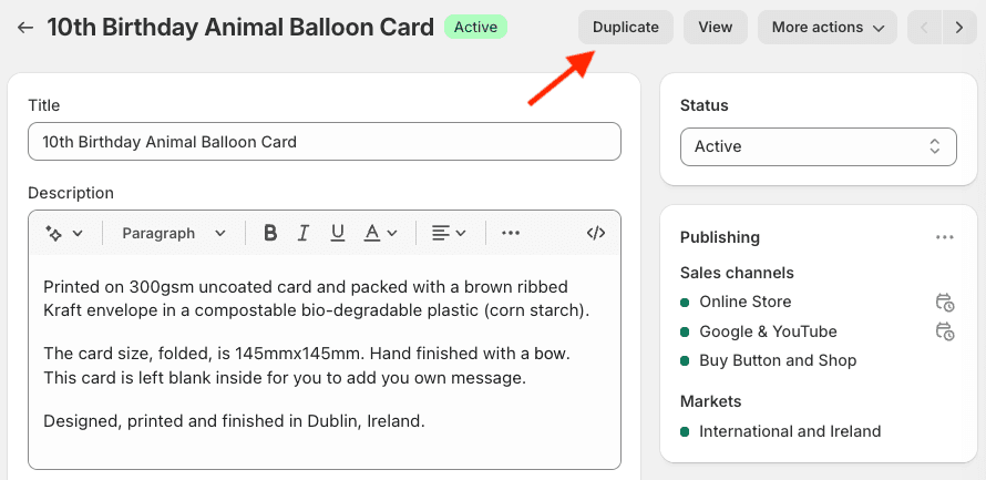 The 'duplicate product' button in Shopify