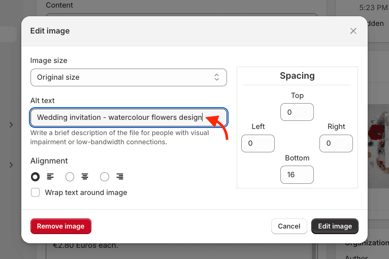 Editing alt text on a Shopify page.