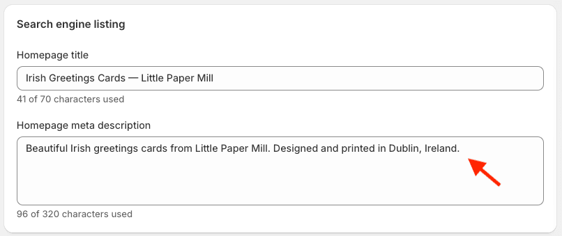 Editing a Shopify store's home page meta description