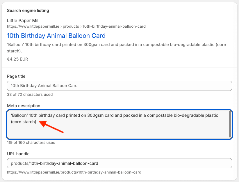 Editing a meta description for a Shopify product