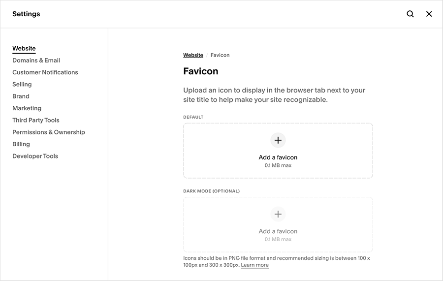 The favicon settings page in Squarespace