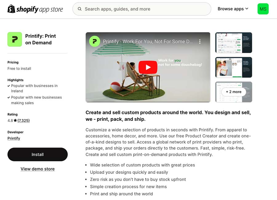 The Printify app in the Shopify app store.