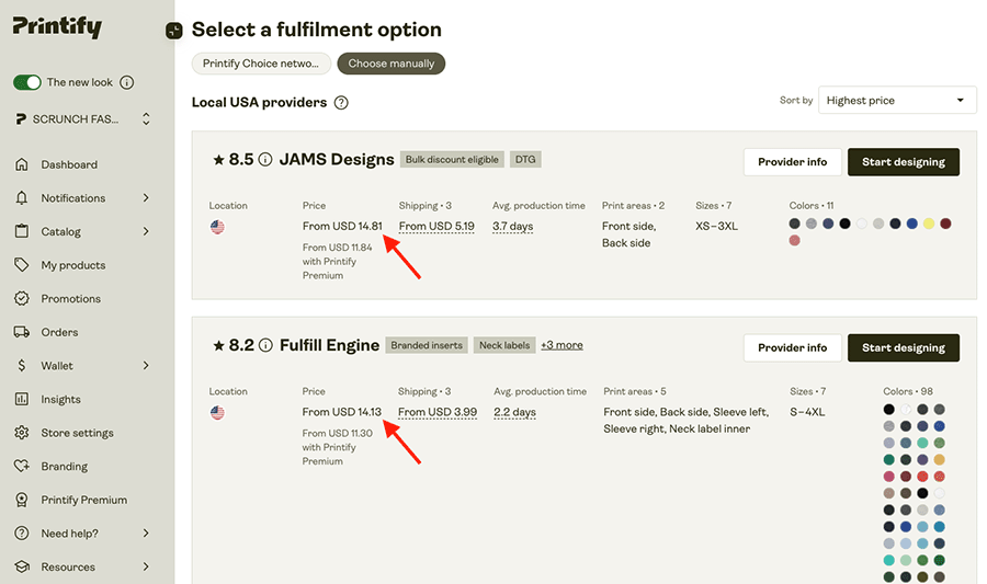 Printify product pricing.