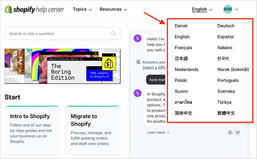 Shopify help center language options