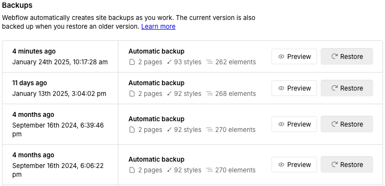 Backups in Webflow.