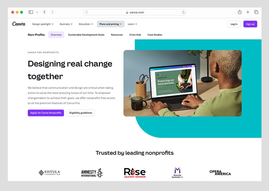 Canva for Nonprofits home page