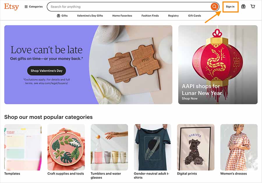 Etsy home page