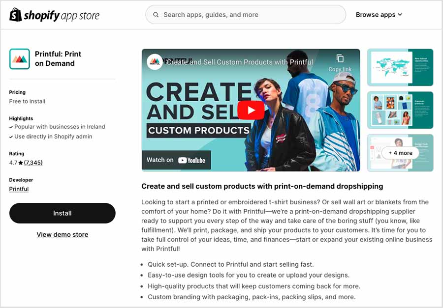 The Printful app in the official Shopify app store.