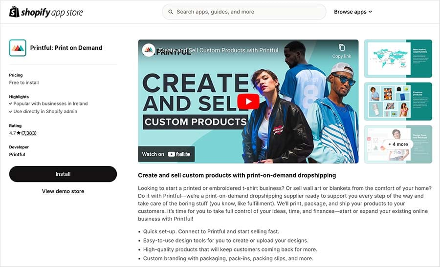 The Printful app in the Shopify app store.