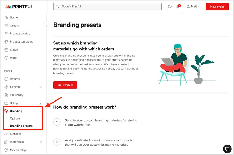 Managing branding with Printful's 'branding presets' controls.