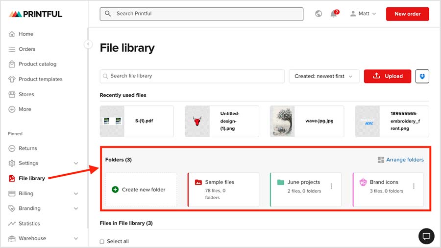 Arranging folders in Printful's handy 'file library'.