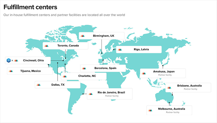 Printful's global network of fulfillment locations