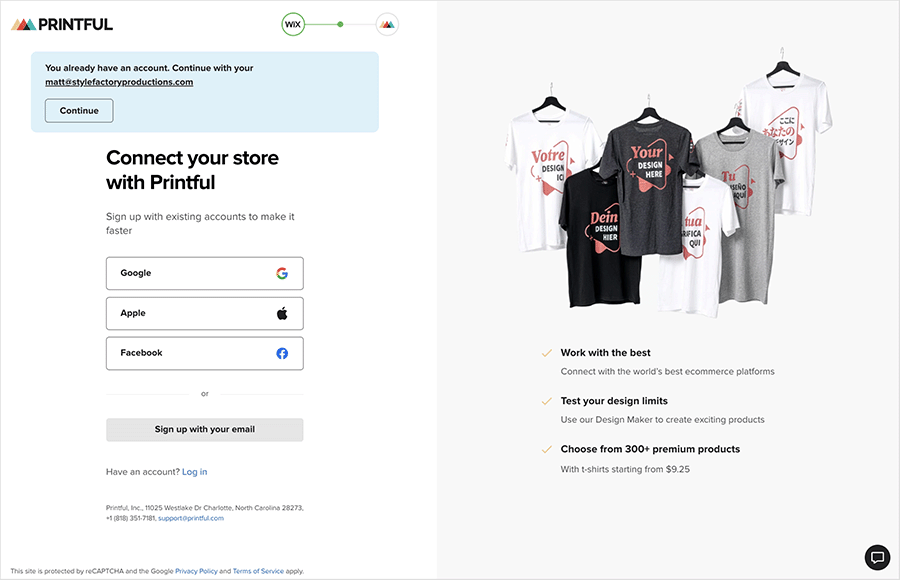 Printful’s sign up page