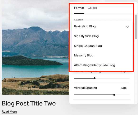 Formatting options in a with a Squarespace blog.