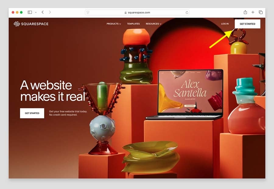 The 'Get Started' button on the Squarespace home page that lets you start a free trial