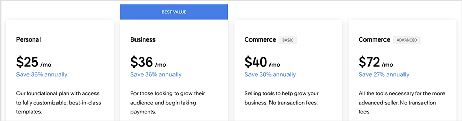 Squarespace pricing table