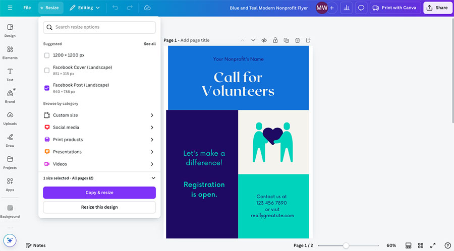 Using Canva's resize tool on a nonprofit design.