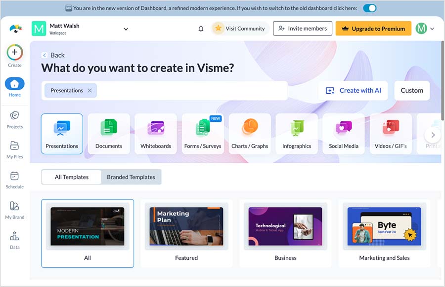 The Visme dashboard