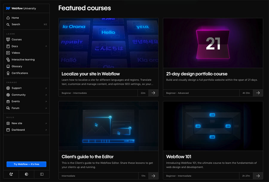 'Webflow University' courses