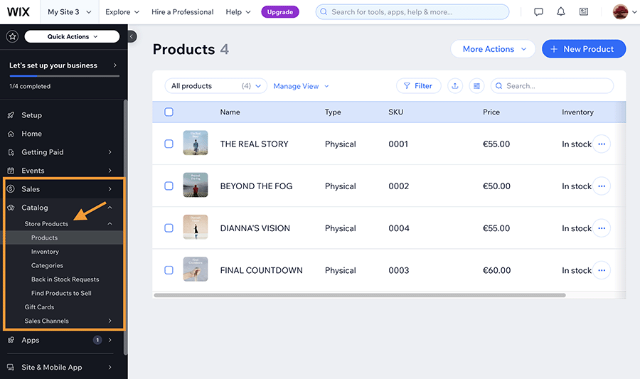 The Wix dashboard menu featuring several tabs for ecommerce settings.