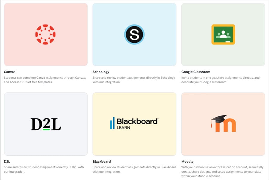 Some of the LMS integrations available for Canva for Education.