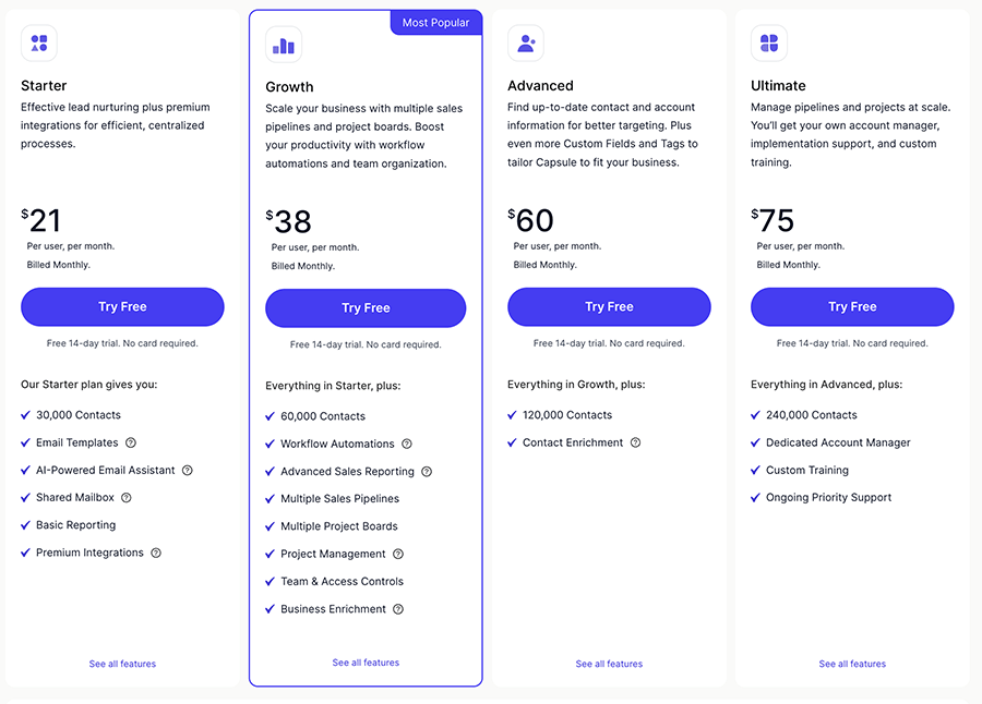 Capsule CRM pricing plans