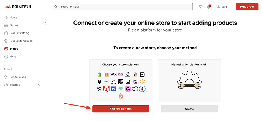 Choosing an integration platform in Printful.