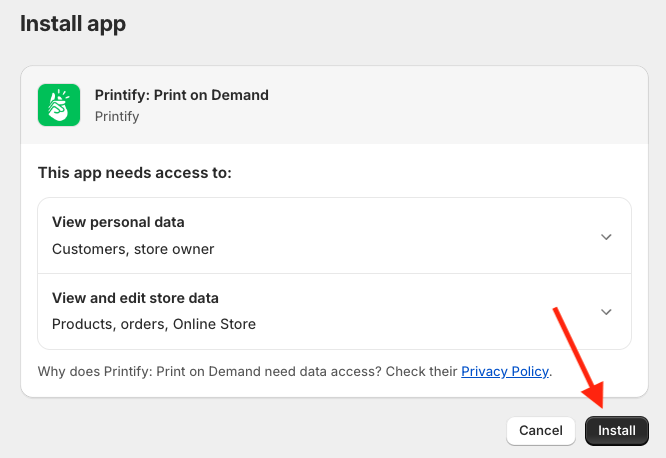 Confirming Printify app installation in Shopify