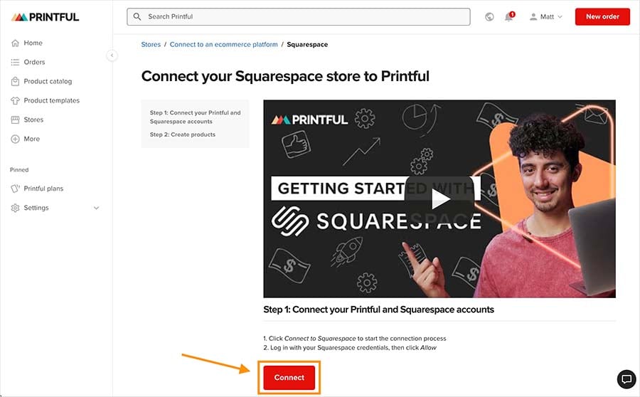 Connecting to Squarespace in Printful.