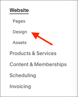 Accessing the 'Design' section in Squarespace