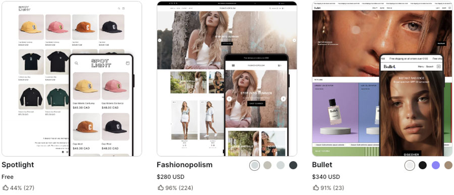 Some free and paid-for themes that are currently available in the Shopify theme store.