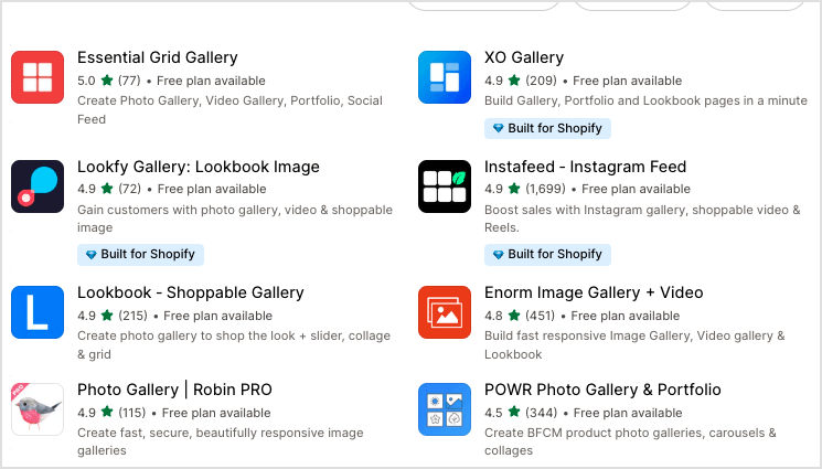 Gallery apps for Shopify