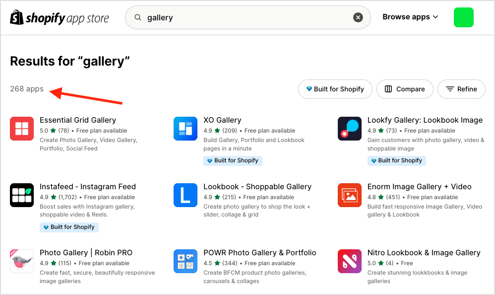 Gallery apps in the Shopify app store