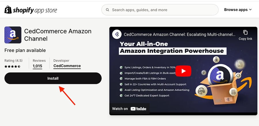 The 'CedCommerce Amazon Channel' app in the Shopify app store