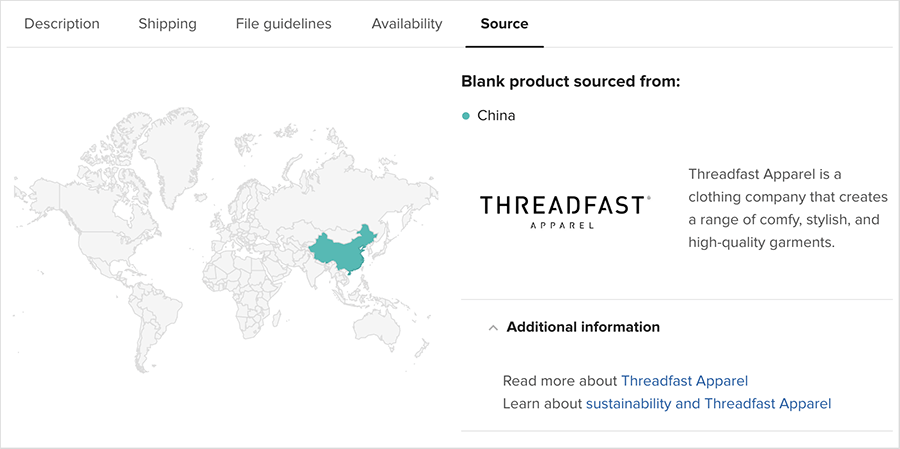 Product source information in Printful.