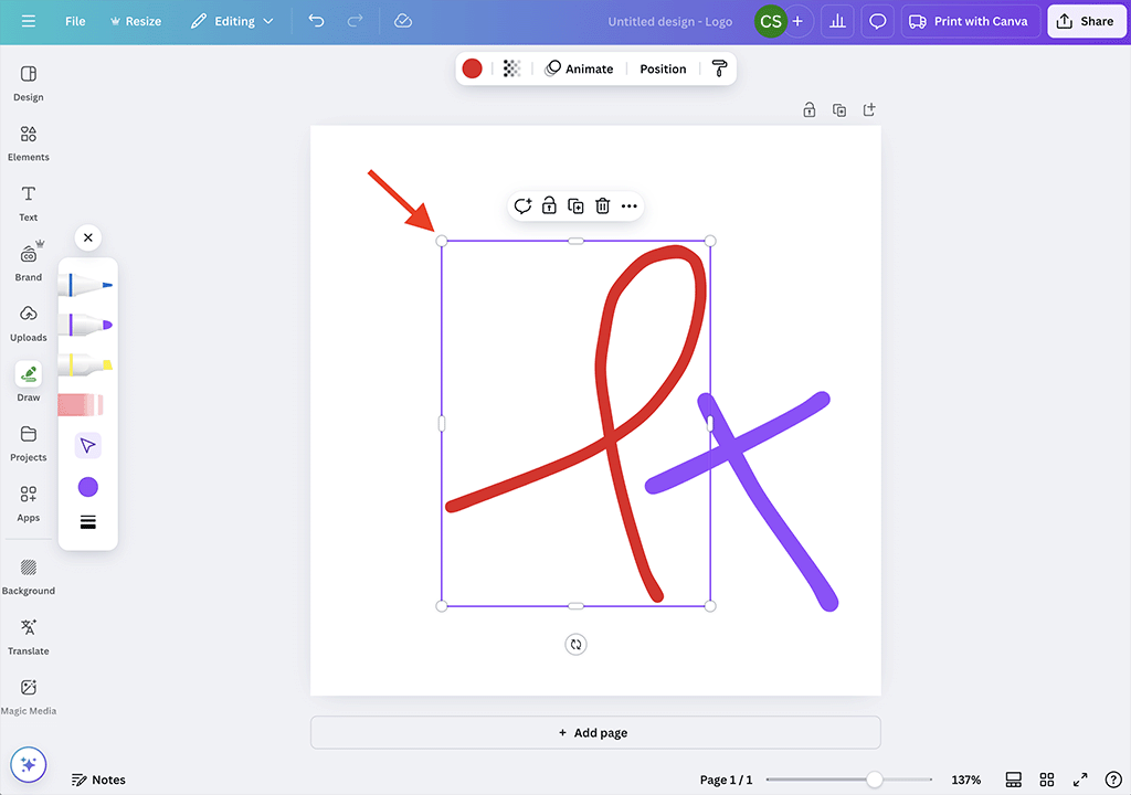 Resizing a line with the cursor tool