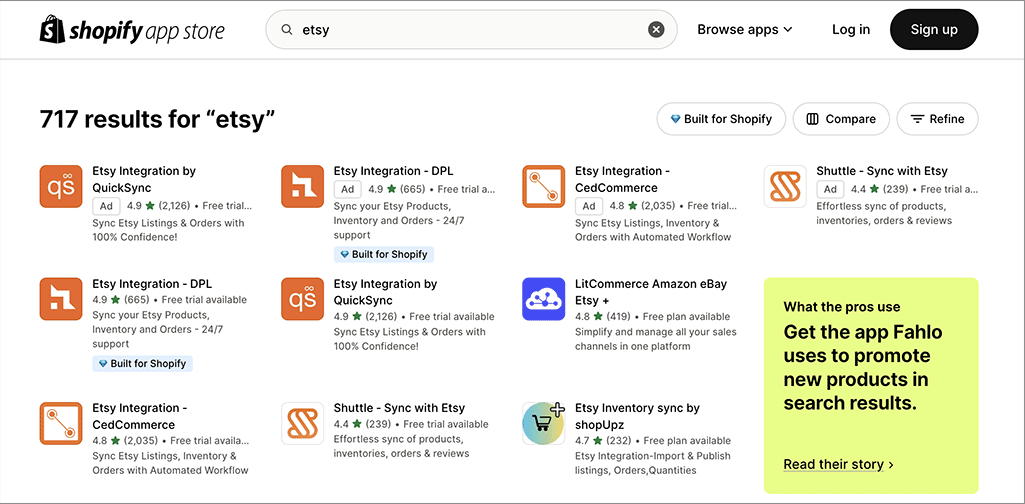 Etsy integrations in the Shopify app store