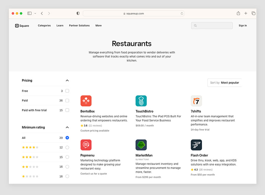 Some of the restaurant apps available in Square's app marketplace