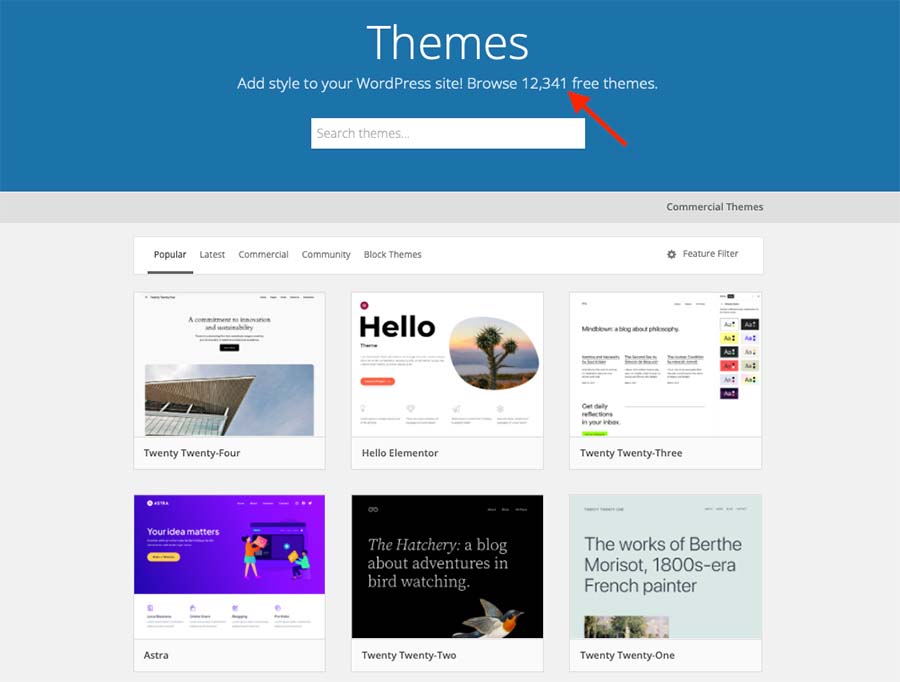 WordPress theme directory featuring over 12,000 themes.