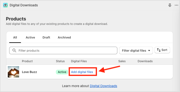 Adding a digital file to your product listing via the 'Digital Downloads' dashboard.