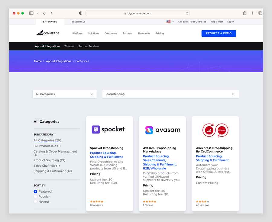 Examples of dropshipping apps in the BigCommerce app store.