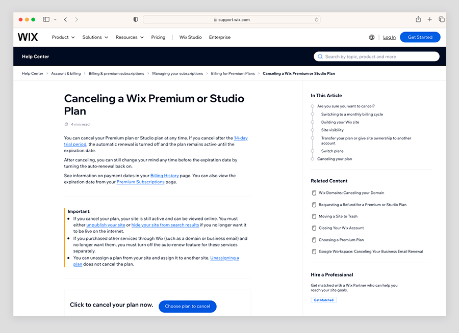 The 'Canceling a Wix Premium Plan' page on the Wix website.