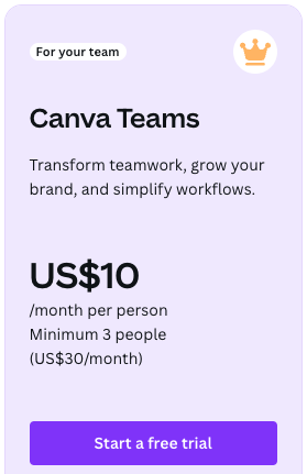 'Canva Teams' monthly pricing per person