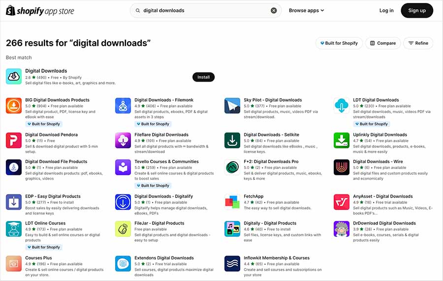 Digital download apps in the Shopify app store — at time of writing, there are 266 available.