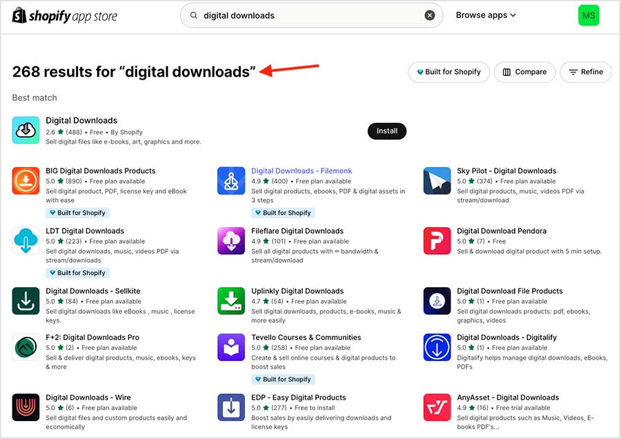 Digital downloads apps in the Shopify app store.