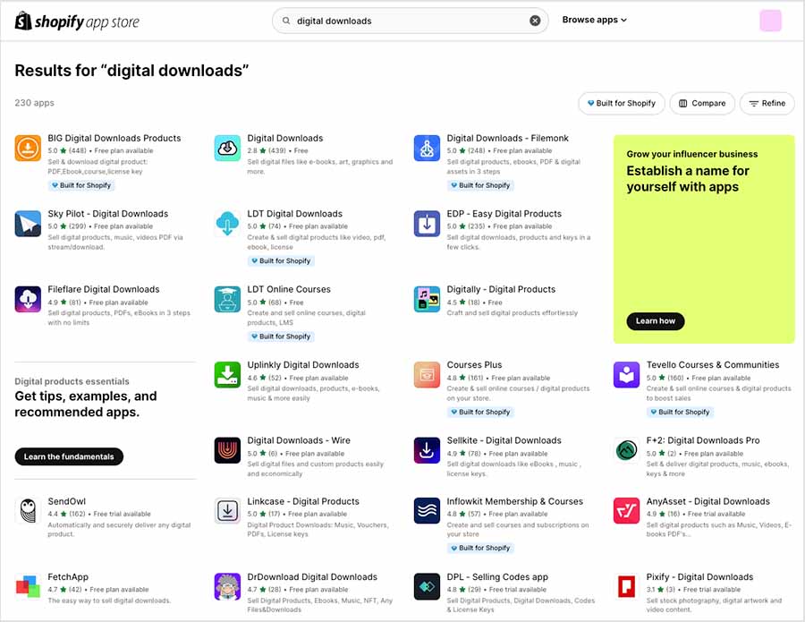 Digital download apps in the Shopify app store — at time of writing, there are 230 available.