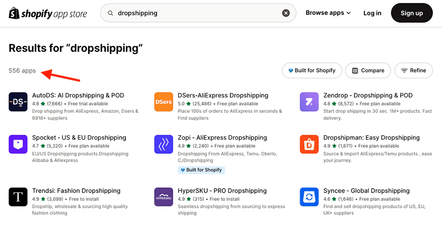 Dropshipping apps in Shopify – at time of writing, there are 556 available